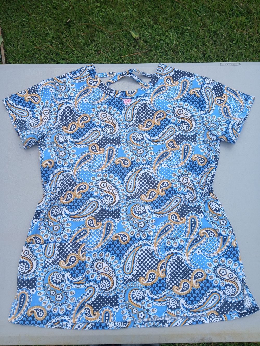 Women’s Blue Paisley Scrub Top with Waist Detail